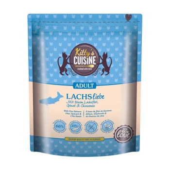 Katzenfutterverpackung mit der Bezeichnung "Kitty's Cuisine", die "LACHSliebe" mit Lachs, Spinat und Chiasamen zeigt, mit 66% frischem Lachs.