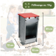 Metall-Futterautomat mit rotem Deckel, markierte Maße 25 cm und 12 cm, sichtbares Etikett ‚Füllmenge ca. 1 kg‘