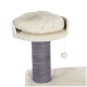 Katzenbaum mit einer plüschigen, cremefarbenen oberen Plattform und einem grauen sisalumwickelten Kratzbaum, mit einem baumelnden Pom-Pom-Spielzeug.