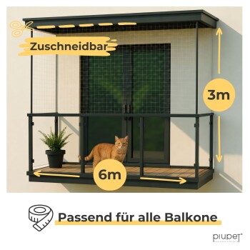 Balkonnetz, orange getigerte Katze und Topfpflanze; Beschriftungen: Zuschneidbar, 3 m, 6 m, Passend für alle Balkone
