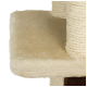 Nahaufnahme einer weichen, beigen Katzenbaum-Plattform mit einer plüschigen Oberfläche und einem mit Sisal umwickelten Pfosten, ideal zum Kratzen und Entspannen.