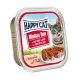 Happy Cat Minkas Duo Katzenfutterverpackung mit einer verspielten getigerten Katze, mit Text, der Geflügel- und Rindfleischzutaten angibt.