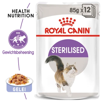 Royal Canin Sterilised kattenvoer zakje, 85g x 12, met een illustratie van een pluizige kat, met tekst die gezonde voeding en gewichtsbeheer benadrukt.