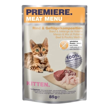 Meat Menu Kitten Rind und Geflügelkomposition 12x85 g Beutel mit Premiere Meat Menu Katzenfutter, das ein verspieltes Kätzchen zeigt, beschriftet mit 'Rind- und Geflügel-Medley', 100% frisches Fleisch, 85g.