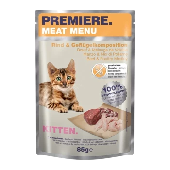 Beutel mit Premiere Meat Menu Katzenfutter, das ein verspieltes Kätzchen zeigt, beschriftet mit 'Rind- und Geflügel-Medley', 100% frisches Fleisch, 85g.