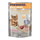 Sachet de nourriture pour chats Premiere Meat Menu présentant un chaton joueur, étiqueté "Mélange de bœuf et de volaille", 100% viande fraîche, 85g.