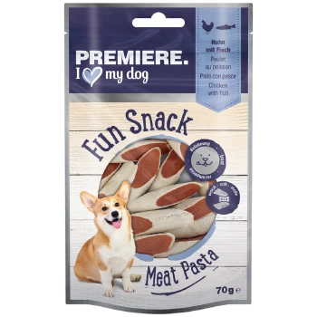 Eine Packung 'Premiere I Love My Dog' Fleisch-Pasta-Hundeleckerlis, mit einem lächelnden Corgi und Stücken des Leckerlis im Inneren.