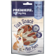 A package of "Premiere I Love My Dog" Meat Pasta dog treats, featuring a smiling corgi and pieces of the treat inside.