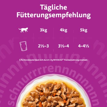 Tägliche Fütterungsempfehlung – Katzenfütterungs-Chart für 3 kg / 4 kg / 5 kg mit Portionsangaben 2½–3, 3½–4, 4–4½; Schüssel mit WHISKAS Nassfutter und Notiz '17 g'.