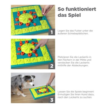 Anleitung für ein interaktives Hundepuzzle-Spiel in drei Schritten, mit bunten gleitenden Teilen und einem Hund, der begeistert mit dem Spiel interagiert.