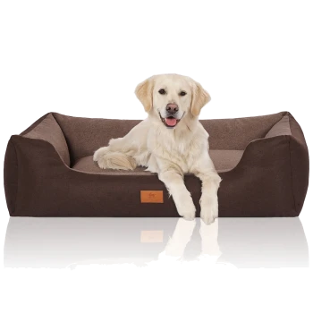 Ein Golden Retriever ruht sich bequem auf einem plüschigen, braunen Hundebett mit einem Holzschild aus, das ein Hundelogo zeigt.