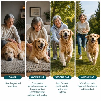 Vierfelder-Bild eines Golden Retrievers und seines Besitzers, vom müden Zuhause bis zum Rennen im Freien; sichtbare Beschriftungen: DAVOR, WOCHE 1–2, WOCHE 3–4, WOCHE 5–6.