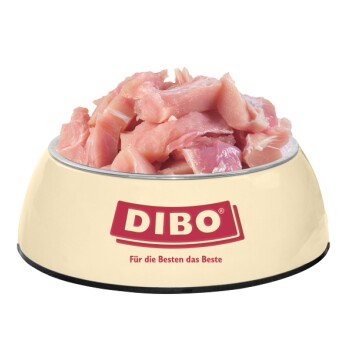 Schüssel mit rohen Fleischstücken, die mit "DIBO" beschriftet sind, mit dem Slogan "Für die Besten das Beste" auf einem beigen Hintergrund.