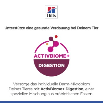 Hill's ActivBiome+ Verdauungslogo mit Text zur Förderung einer gesunden Verdauung bei Haustieren durch eine präbiotische Faser-Mischung.