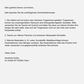 Sicherheitsanweisungen für ein Produkt, das mit Trageriemen geliefert wird, einschließlich Warnungen vor Strangulationsgefahr und Hautreaktionen.