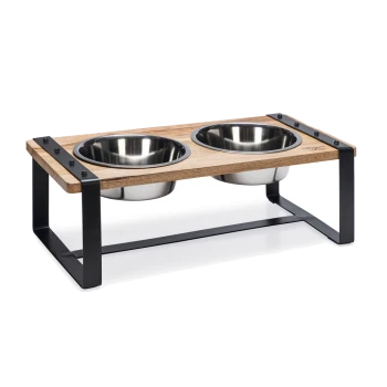 Erhöhte Holz-Haustierfütterungsstation mit zwei Edelstahlschalen, mit modernem Design und schwarzem Metallrahmen.