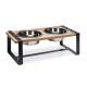 Erhöhte Holz-Haustierfütterungsstation mit zwei Edelstahlschalen, mit modernem Design und schwarzem Metallrahmen.