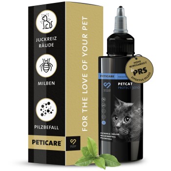 Schwarze Flasche Petcare Petcat Protect 3010 für Katzen, mit einer Nahaufnahme des Gesichts einer Katze, mit einem Etikett, das 'Hohe Wirksamkeit' angibt.