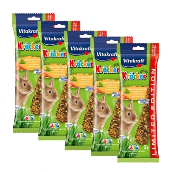 Paquet de friandises pour lapins Vitakraft Kräcker de cinq, mettant en vedette un lapin et le texte "Recette sans sucre" et "Édition limitée".