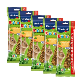 Vitakraft Kräcker Kaninchenleckerlis im 5er-Pack, mit einem Kaninchen und den Texten "Zuckerfreies Rezept" und "Limitierte Edition."