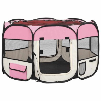 Ein rosa und cremefarbener Spielplatz für Haustiere mit Netzpaneelen und einem Reißverschluss-Eingang, entworfen für kleine Tiere.