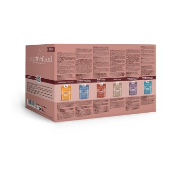 Catz finefood Nassfutter für Katzen, Sortimentspackung mit sechs Geschmacksrichtungen: Geflügel, Lachs & Geflügel, Rind & Kalb, Wild, Lamm & Kaninchen, Hering & Garnelen.