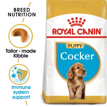 Royal Canin Puppy Cocker dog food bag featuring tailored kibble and immune system support graphics.