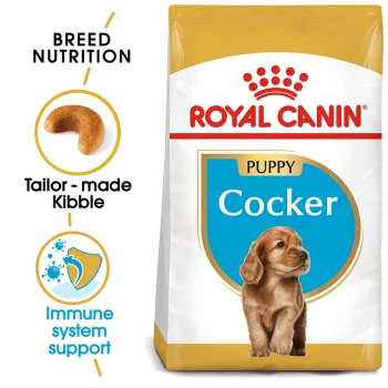 Royal Canin Puppy Cocker dog food bag featuring tailored kibble and immune system support graphics.