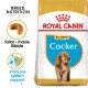 Royal Canin Puppy Cocker dog food bag featuring tailored kibble and immune system support graphics.