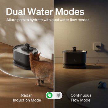 Schwarzer Haustier-Wasserbrunnen mit Katze, geteilte Ansicht mit Beschriftung 'Dual Water Modes', 'Radar Induction Mode' und 'Continuous Flow Mode'.