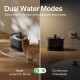 Schwarzer Haustier-Wasserbrunnen mit Katze, geteilte Ansicht mit Beschriftung 'Dual Water Modes', 'Radar Induction Mode' und 'Continuous Flow Mode'.