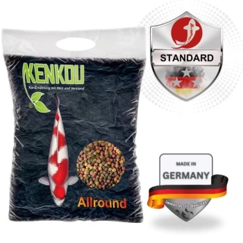 Kenkou Koi Futterverpackung mit einem bunten Koi-Fisch, mehrfarbigen Pellets und Text: "Allround", "Hergestellt in Deutschland", "Standard."