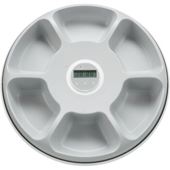 Automatischer Futterspender für Haustiere mit sechs Fächern, einem digitalen Timer-Display und einem eleganten grauen Design.