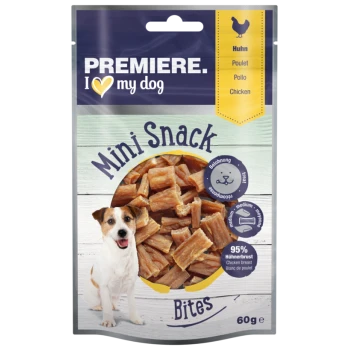 Premiere I Love My Dog Mini Snack Bites Verpackung mit Hähnchen-Geschmack, 95% Hähnchenbrust, 60g.