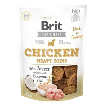 Brit Meaty Jerky Chicken Meaty Coins dla dorosłych psów, opakowanie 80g, z przysmakami wykonanymi z owadów i wzbogaconymi olejem kokosowym.
