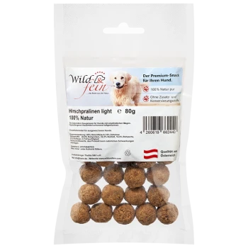Packung Wild & Fein Hirschpralinen light 80g Hundesnacks, 100 % natürlich, ohne Zusatzstoffe, mit Bild eines Golden Retrievers.