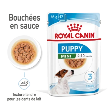 Pochette de nourriture humide Royal Canin Puppy Mini, 85g, adaptée aux chiots âgés de 2 à 10 mois, avec des morceaux tendres dans une sauce et une image de petit chien.
