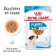 Pochette de nourriture humide Royal Canin Puppy Mini, 85g, adaptée aux chiots âgés de 2 à 10 mois, avec des morceaux tendres dans une sauce et une image de petit chien.