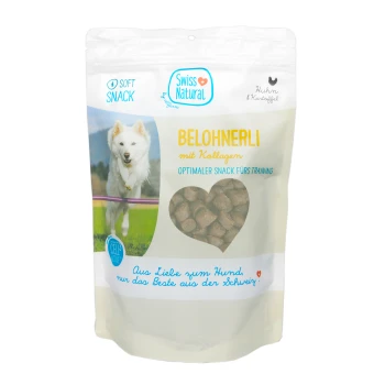 Hundesnackverpackung mit der Aufschrift "Belohnerli mit Kollagen" mit einem herzförmigen Fenster, das Text über Trainingssnacks und Schweizer Qualität zeigt.