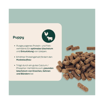 Braune Welpenkroketten neben dem Aufdruck 'Puppy' mit Huhn-/Kuh-Symbolen und deutschen Hinweisen zu Protein und Wachstum