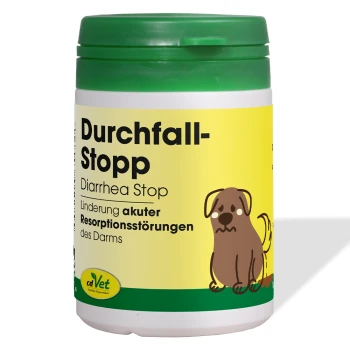 Weißer Behälter von cdVet Durchfall-Stopp mit grünem Deckel, mit dem Text "DurchfallStopp" und "Diarrhea Stop" deutlich angezeigt.