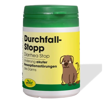 Weißer Behälter von cdVet Durchfall-Stopp mit grünem Deckel, mit dem Text "DurchfallStopp" und "Diarrhea Stop" deutlich angezeigt.