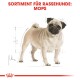 Illustration eines Mops-Hundes mit einer detaillierten Skizze, betitelt "Sortiment für Rassehunde: Mops" in fettem roten Text.