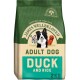 Bag of James Wellbeloved Adult Dog food, Duck and Rice flavor, 2kg, featuring illustrations of a Border Collie, Dalmatian, and Golden Retriever.