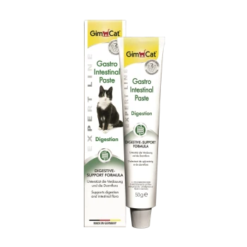 GimCat Gastro Intestinal Paste Tube und Verpackung mit schwarz-weißem Katzenbild, verdauungsunterstützende Formel, 50 g.