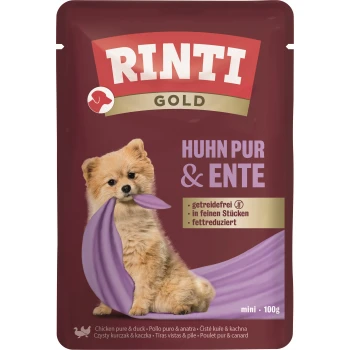 RINTI Gold Hundefutterbeutel mit kleinem flauschigen Hund, der ein lila Tuch hält; sichtbarer Text: 'HUHN PUR & ENTE' und 'mini · 100g'