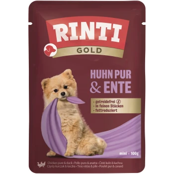 RINTI Gold Hundefutterbeutel mit kleinem flauschigen Hund, der ein lila Tuch hält; sichtbarer Text: 'HUHN PUR & ENTE' und 'mini · 100g'