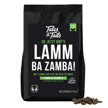 Tales & Tails Hundefutterbeutel mit der Aufschrift „Lamm Ba Zamba!“ mit Lamm und Gemüse, 4kg, getreide- und zuckerfrei, weiches Trockenfutter.