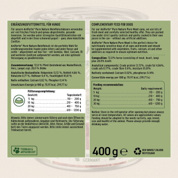 Etikett der Dose: AniForte Pure Nature Ergänzungsfuttermittel für Hunde (72% Pferd), analytische Angaben, Fütterungsempfehlung, 400 g