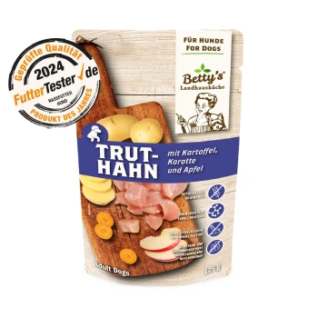 Frischebeutel Truthahn & Kartoffel 10x125 g Hundefutterverpackung mit "TRUT-HAHN" mit Kartoffeln, Karotten und Äpfeln. Enthält die Etiketten "Getreidefrei" und "Einzelprotein". 125g.